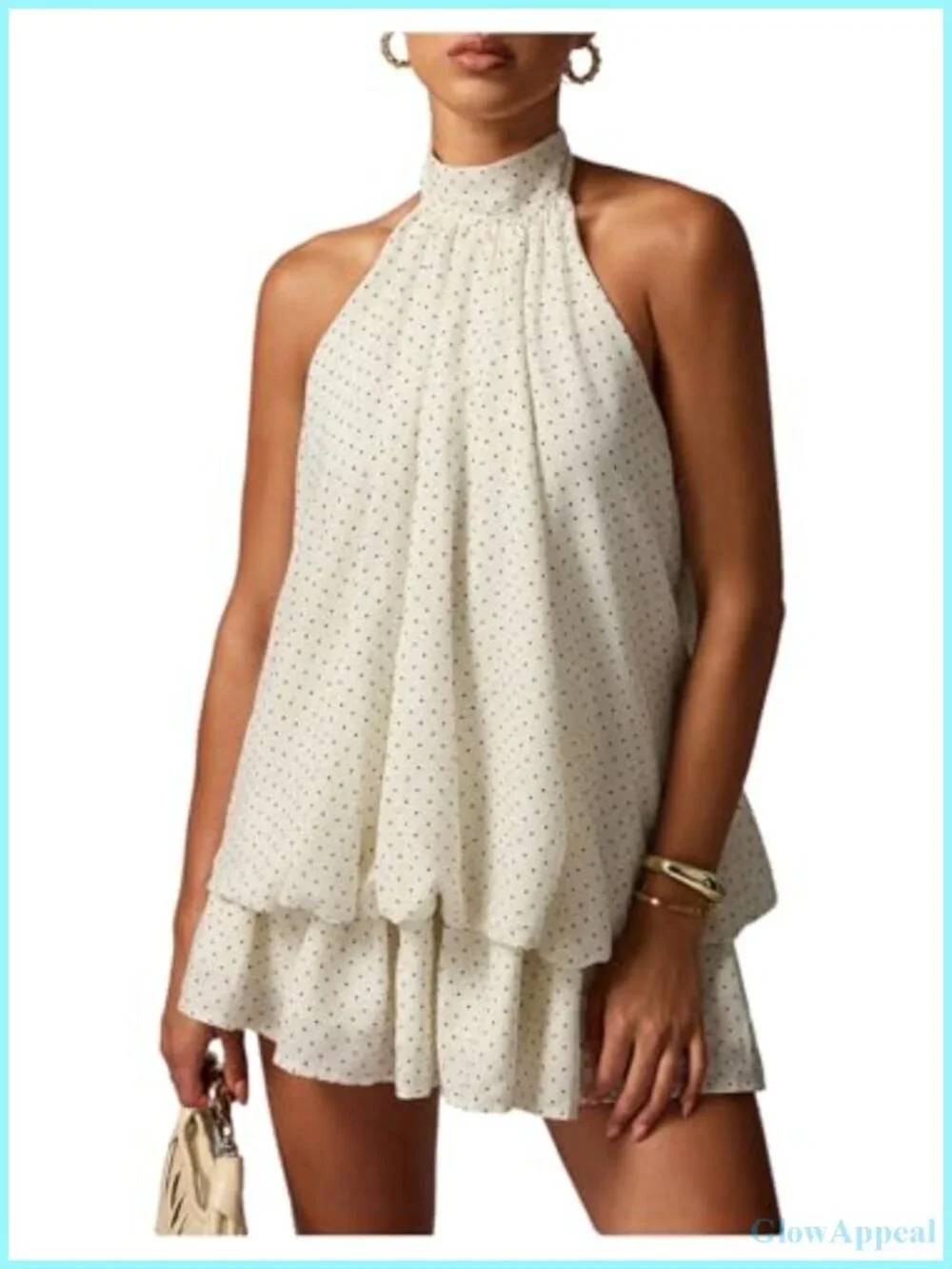Polka Dots Halter Neck Mini Dress Layered Ruffle Sleeveless
